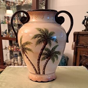 CORSICA Hand-Painted Palm Tree Ceramic Vase - Cream & Brown